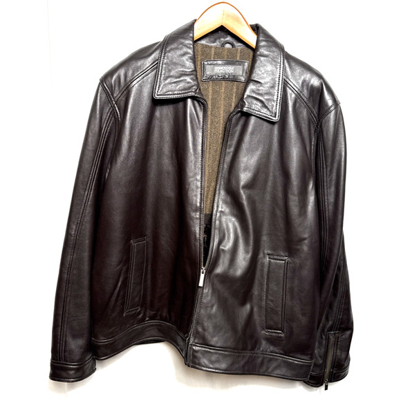 Men's Brown Leather Bomber Jacket G-III Size XXL Full Zip Wool Lining Classic - Picture 1 of 9